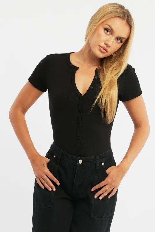 Black Bodysuit Short Sleeve Button Front Rib sold by Ally Fashion