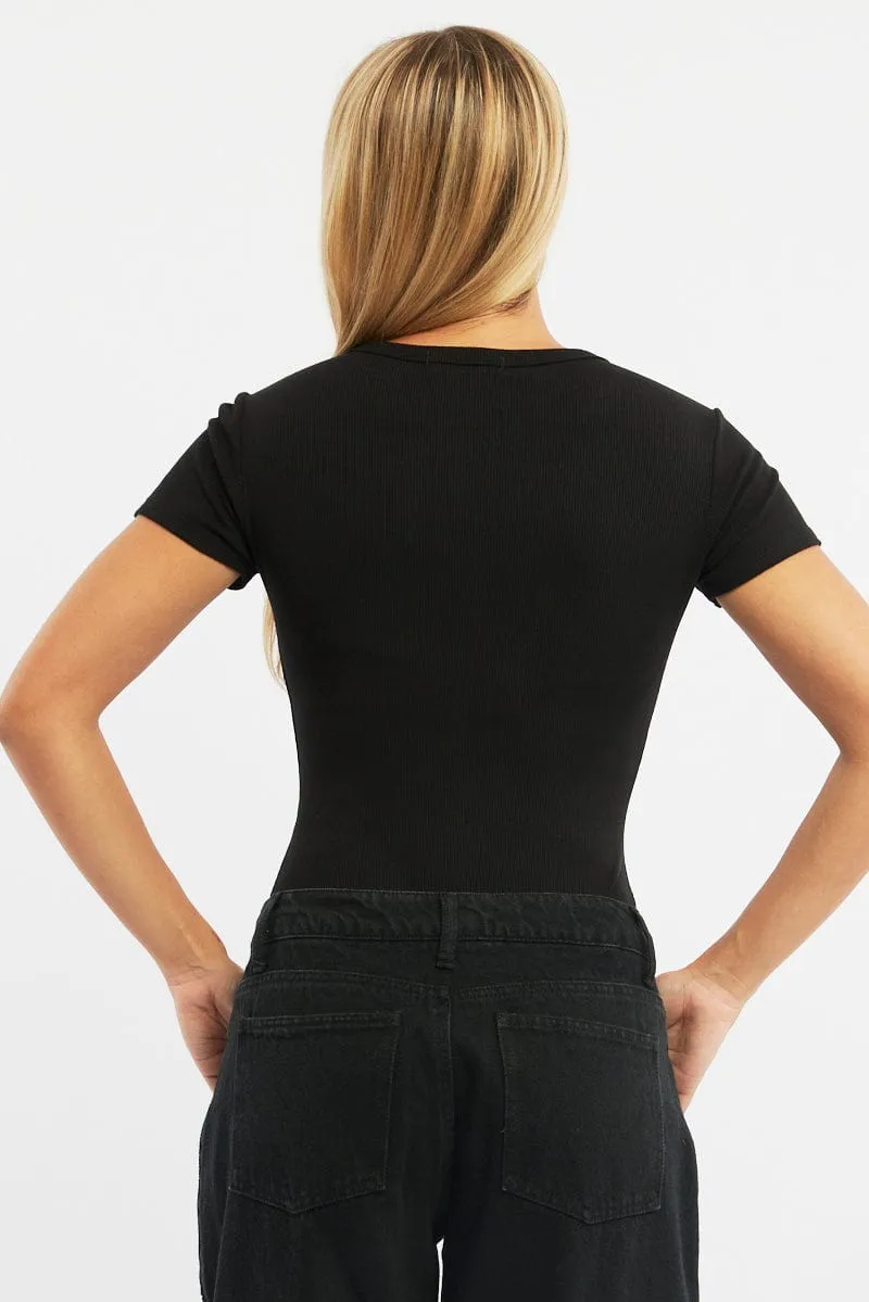 Black Bodysuit Short Sleeve Button Front Rib sold by Ally Fashion product image thumbnail 4