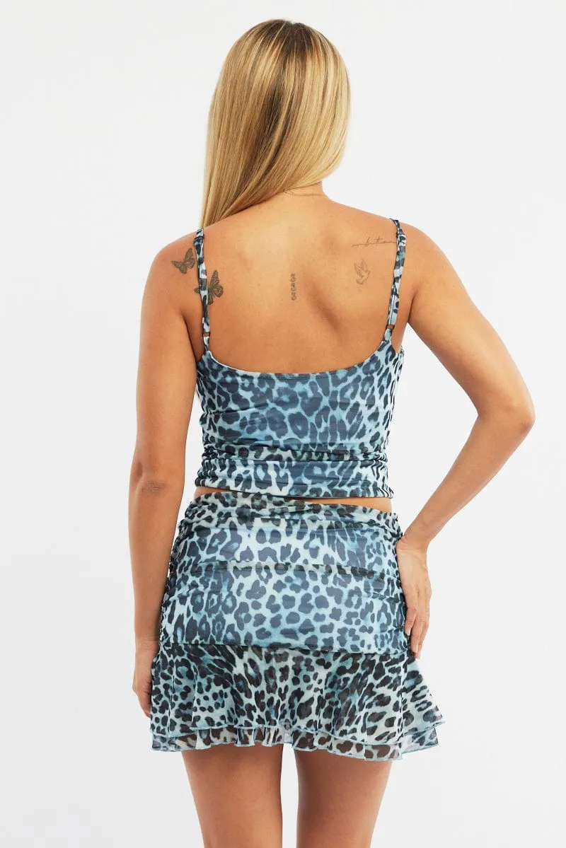 Blue Animal Print Ruffle Skirt High Waisted Mini Ruched Mesh sold by Ally Fashion product image thumbnail 5