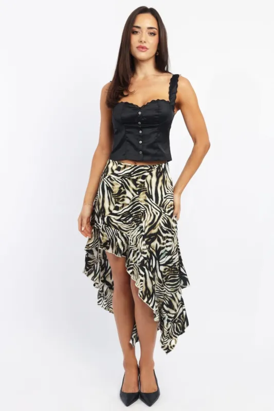 Black Animal Print Frill Skirt High Waisted High Low Midi sold by Ally Fashion