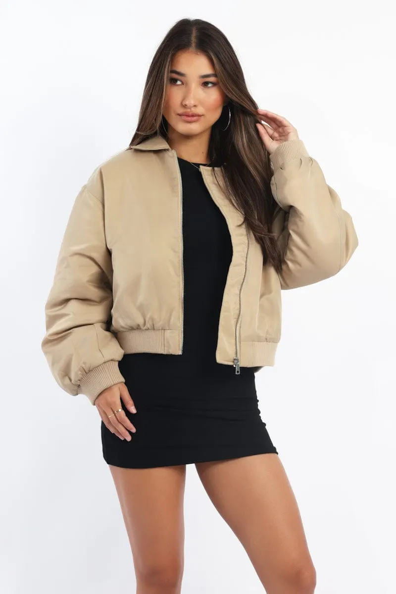Beige Bomber Jacket Collared sold by Ally Fashion