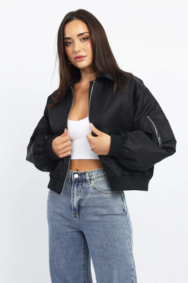 Black Bomber Jacket Collared sold by Ally Fashion
