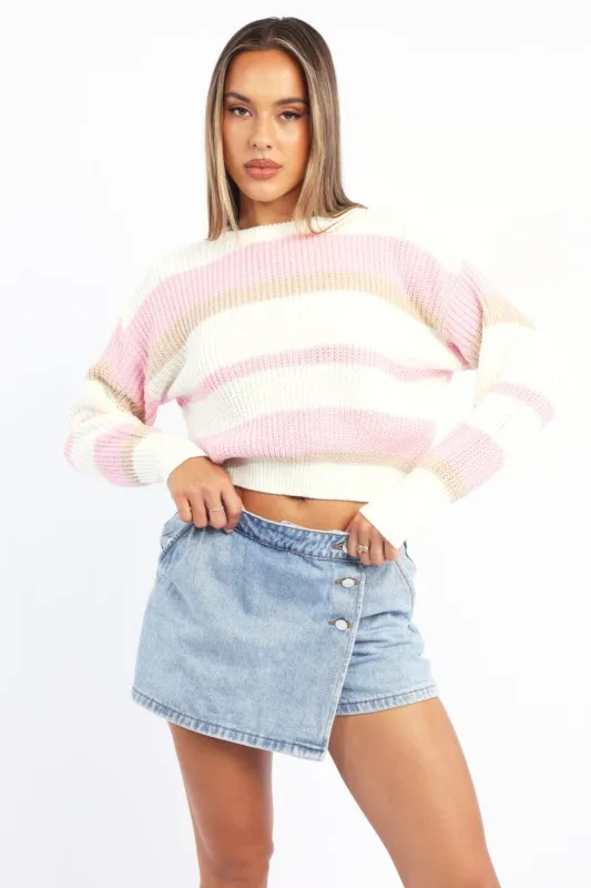 Pink Stripe Knit Top Long Sleeve Color Block sold by Ally Fashion