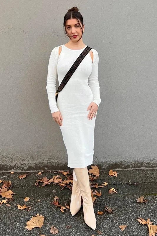 White Midi Dress Long Sleeve Keyhole Bodycon Rib Knit sold by Ally Fashion