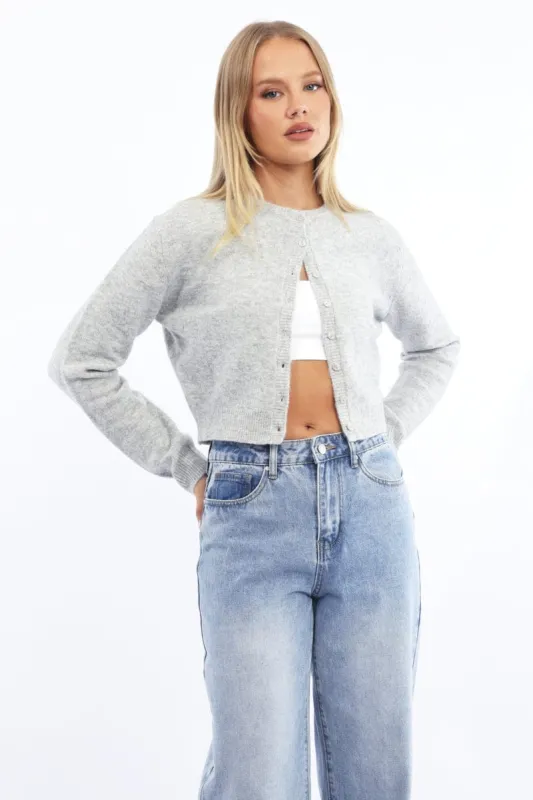 Grey Fitted Cardigan Buttons Up Crew Neck sold by Ally Fashion