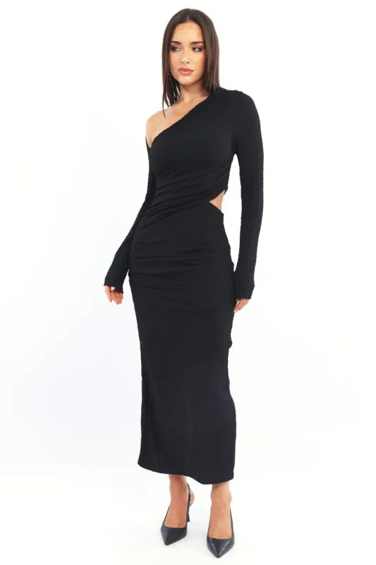 Black Bodycon Dress Textured Midi made by Ally Fashion
