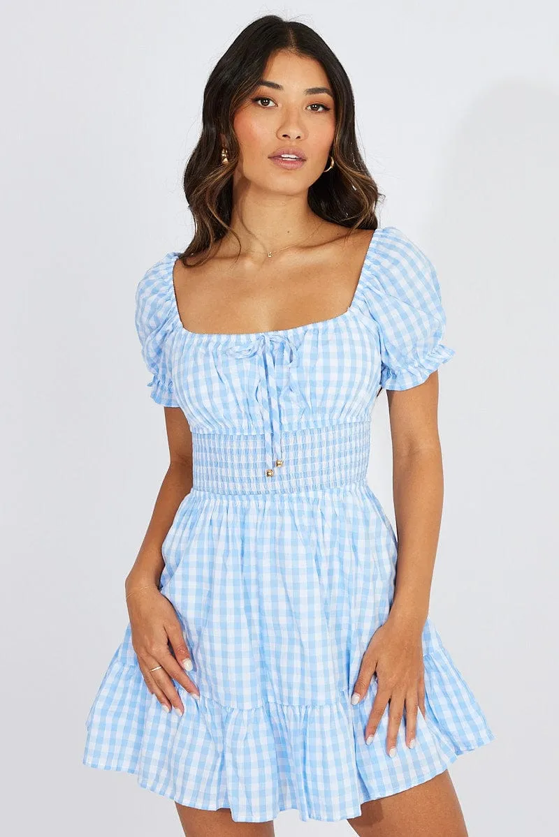 Blue Check Fit And Flare Dress Puff Sleeve Mini sold by Ally Fashion product image thumbnail 3
