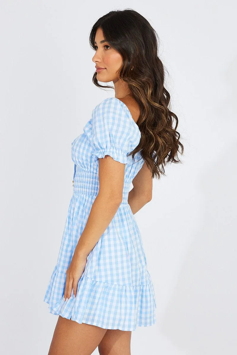 Blue Check Fit And Flare Dress Puff Sleeve Mini sold by Ally Fashion product image thumbnail 4