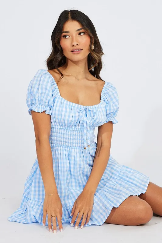 Blue Check Fit And Flare Dress Puff Sleeve Mini sold by Ally Fashion