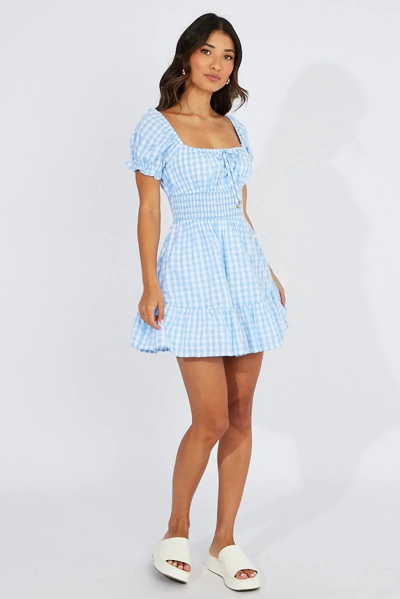 Blue Check Fit And Flare Dress Puff Sleeve Mini sold by Ally Fashion product image thumbnail 2