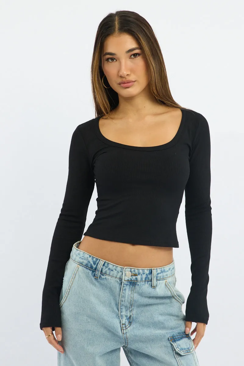 Black Rib Top Long Sleeve Scoop Neck Brushed sold by Ally Fashion