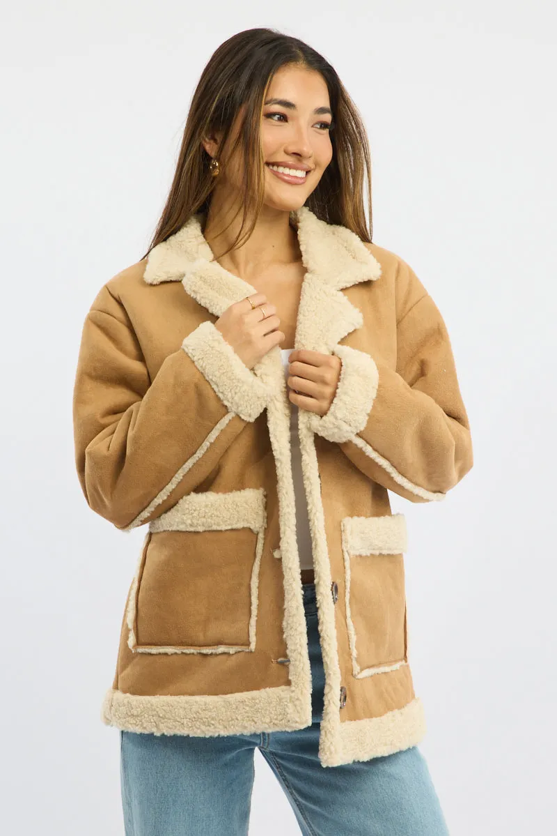 Beige Shearling Jacket Oversized Pocket Detail sold by Ally Fashion