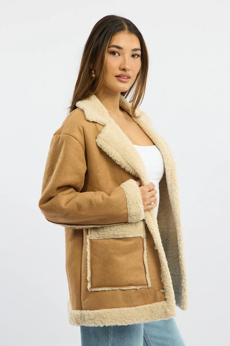 Beige Shearling Jacket Oversized Pocket Detail sold by Ally Fashion product image thumbnail 3