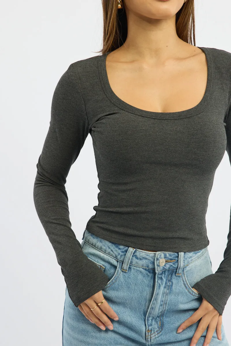 Grey Rib Top Long Sleeve Scoop Neck Brushed sold by Ally Fashion product image thumbnail 5