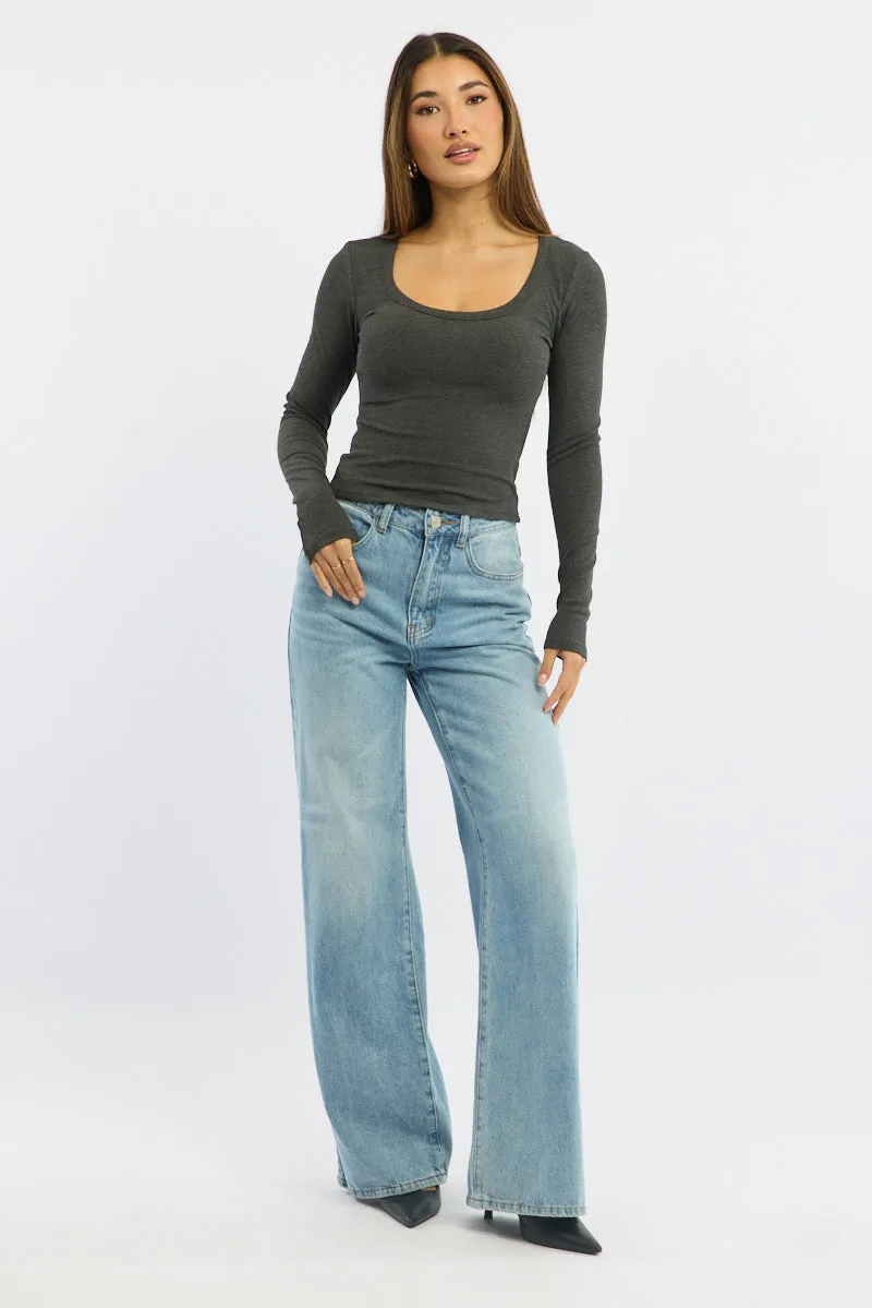 Grey Rib Top Long Sleeve Scoop Neck Brushed sold by Ally Fashion product image thumbnail 2