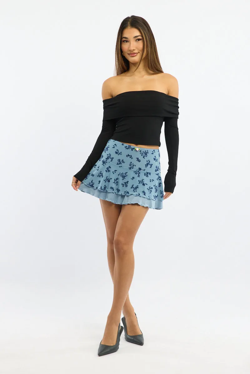 Blue Floral Mini Skirt Elastic Waist Skater Layered Burnout sold by Ally Fashion