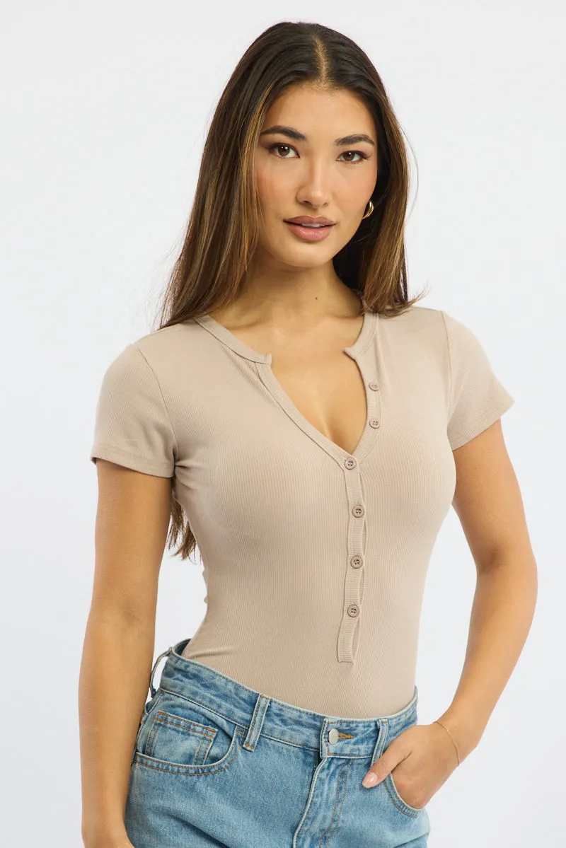 Beige Bodysuit Short Sleeve Button Front Rib sold by Ally Fashion