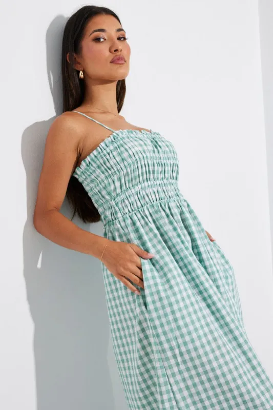 Green Check Maxi Dress Sleeveless Shirred sold by Ally Fashion