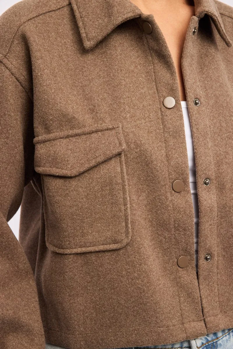 Brown Cropped Shacket Long Sleeve Collared sold by Ally Fashion product image thumbnail 5