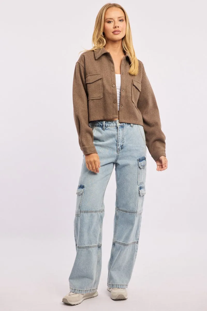 Brown Cropped Shacket Long Sleeve Collared sold by Ally Fashion product image thumbnail 2
