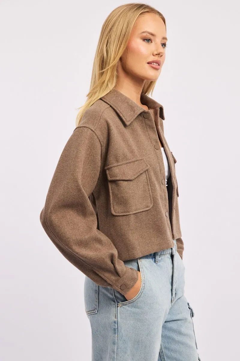 Brown Cropped Shacket Long Sleeve Collared sold by Ally Fashion product image thumbnail 3