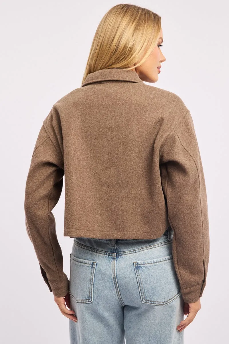 Brown Cropped Shacket Long Sleeve Collared sold by Ally Fashion product image thumbnail 4