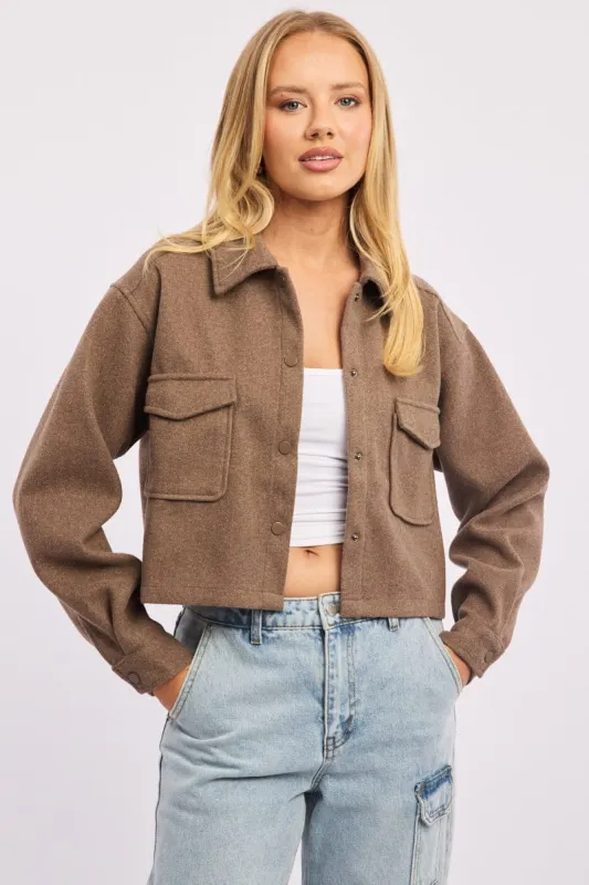 Brown Cropped Shacket Long Sleeve Collared sold by Ally Fashion