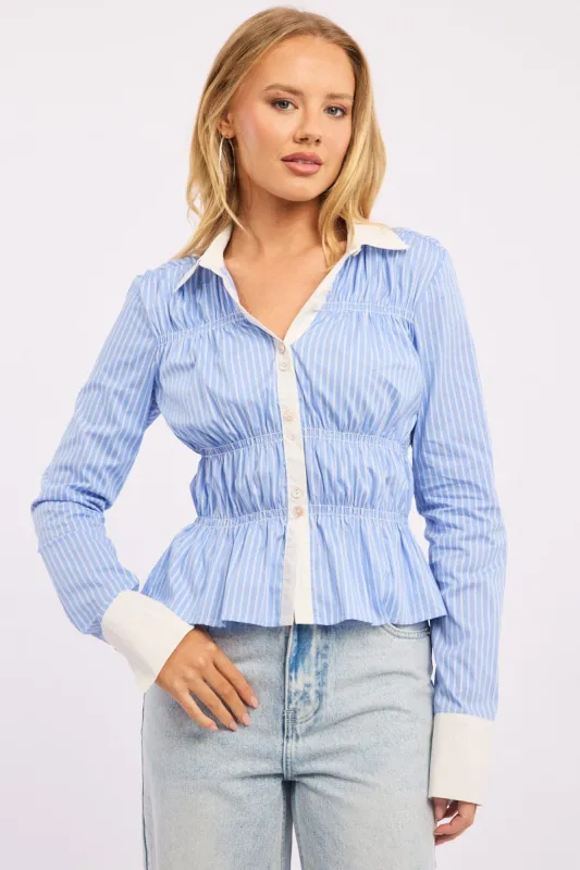 Blue Stripe Shirred Shirt Long Sleeve Button Up sold by Ally Fashion