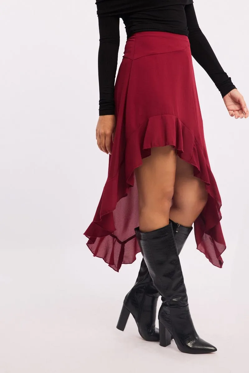 Red Frill Skirt High Waisted High Low Midi sold by Ally Fashion product image thumbnail 3