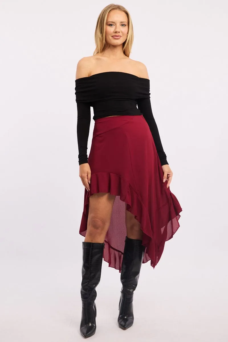 Red Frill Skirt High Waisted High Low Midi sold by Ally Fashion