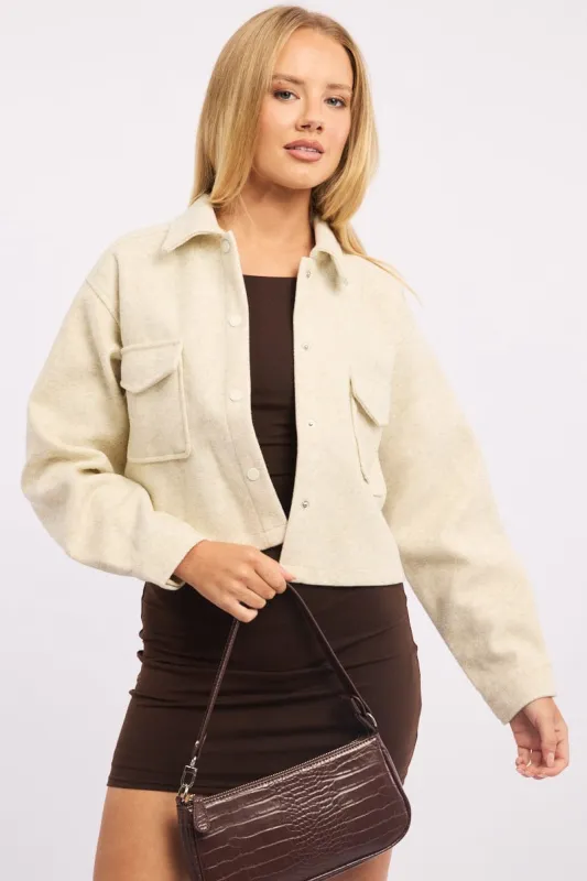 Beige Cropped Shacket Long Sleeve Collared sold by Ally Fashion