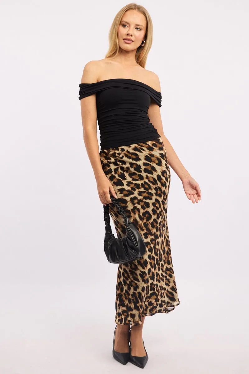 Brown Animal Print Slip Skirt High Rise Elastic Waist Maxi sold by Ally Fashion