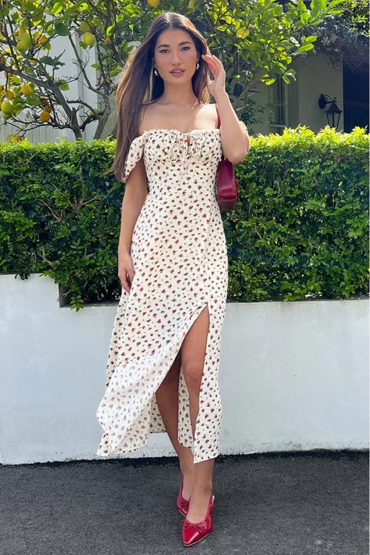 Beige Ditsy Midi Dress Short Sleeve Side Split sold by Ally Fashion