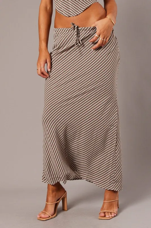 Brown Geo Slip Skirt Maxi Drawstring Waist sold by Ally Fashion
