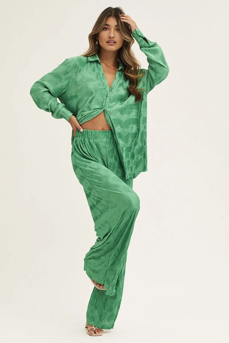 Green Plisse Pants Wide Leg High Rise sold by Ally Fashion