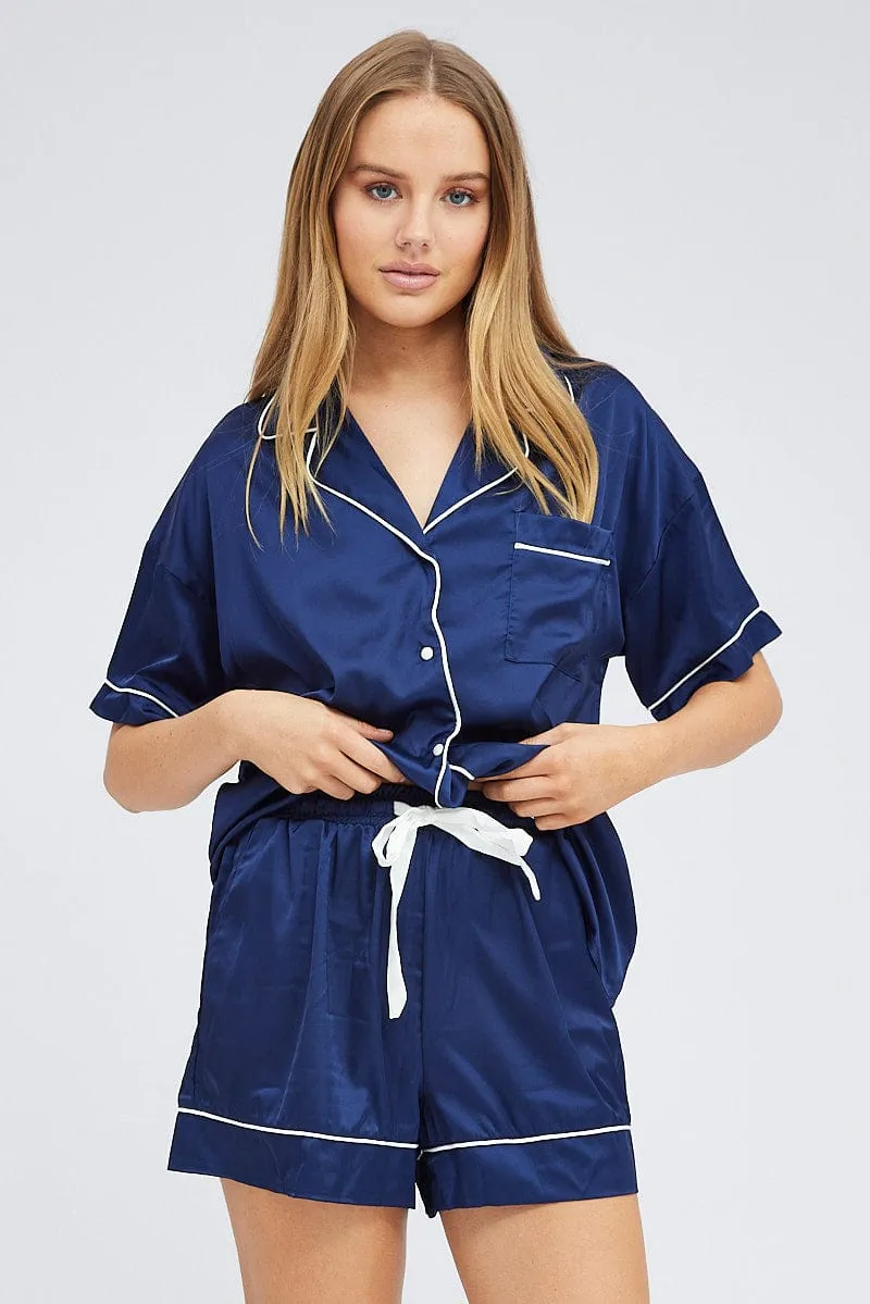 Blue Pyjama Set Short Sleeve Satin Piping PJ sold by Ally Fashion product image thumbnail 3