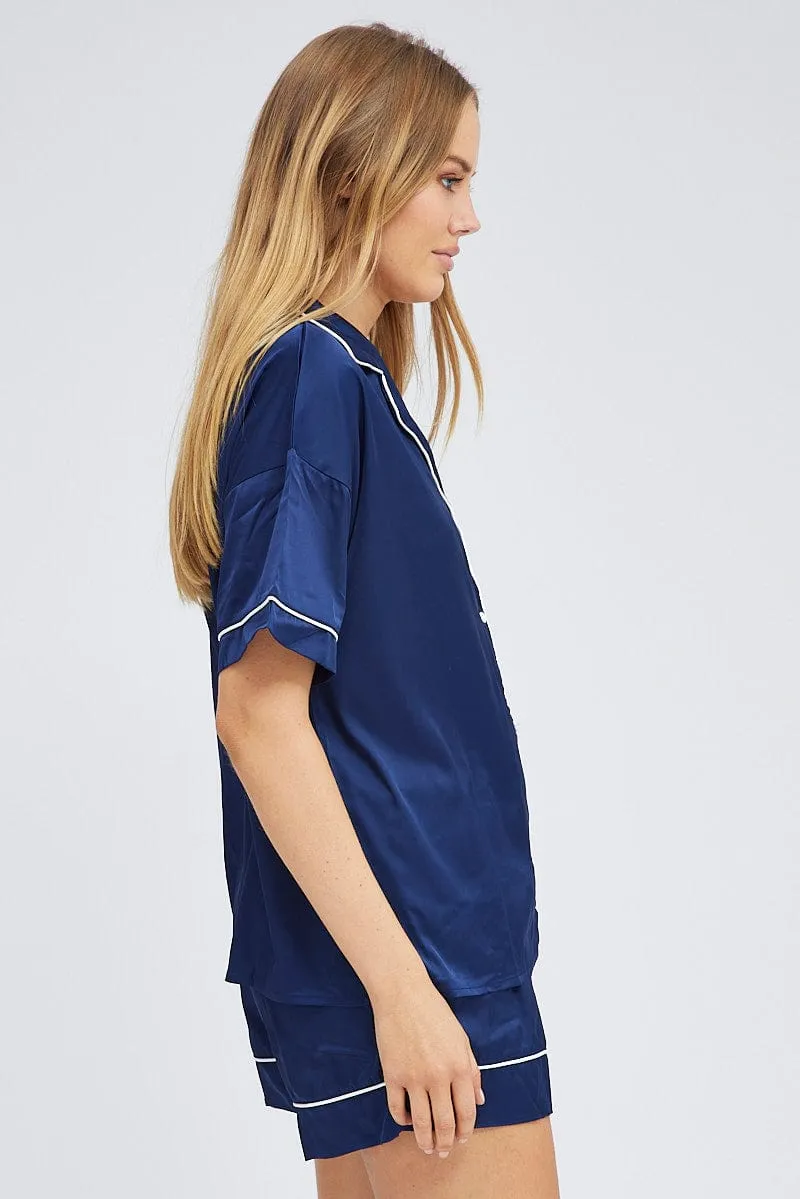 Blue Pyjama Set Short Sleeve Satin Piping PJ sold by Ally Fashion product image thumbnail 4