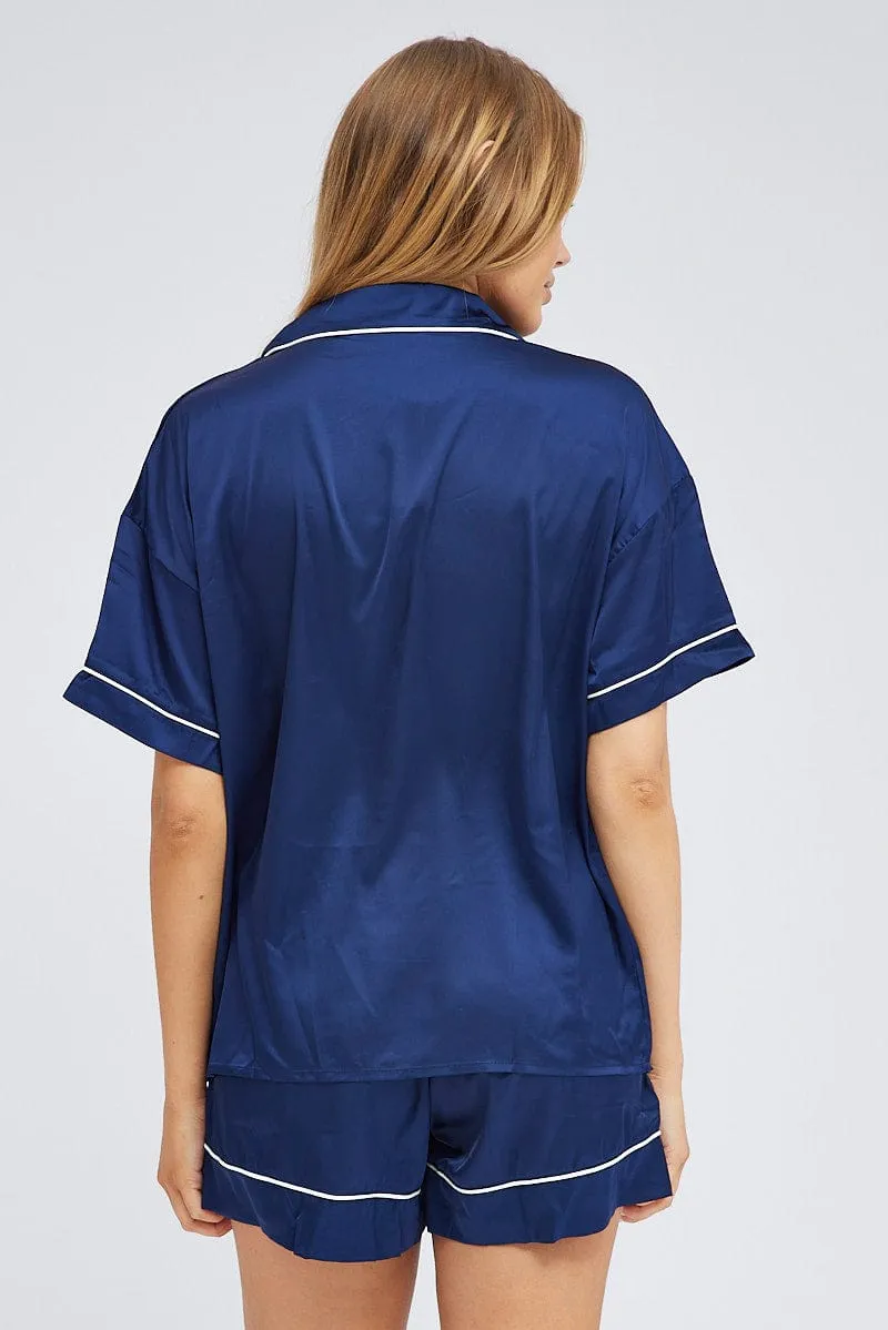 Blue Pyjama Set Short Sleeve Satin Piping PJ sold by Ally Fashion product image thumbnail 5