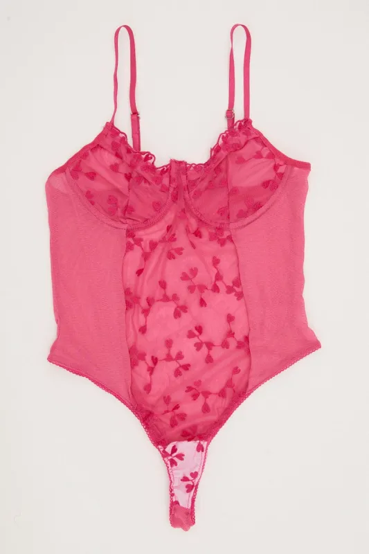 Pink Mesh Lace One Piece Teddy Bodysuit sold by Ally Fashion