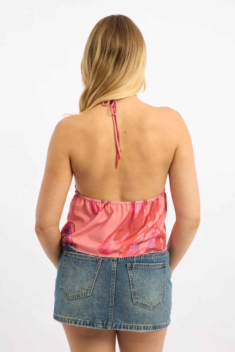 Orange Abstract Halter Top Sleeveless Rosette Romantic Frills sold by Ally Fashion product image thumbnail 4