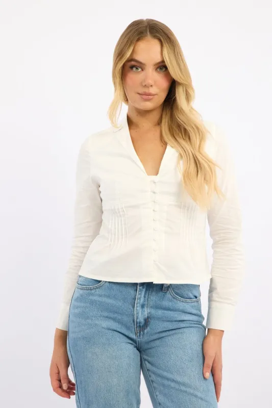 White Long Sleeve Shirt Lapel Collared Button Up sold by Ally Fashion