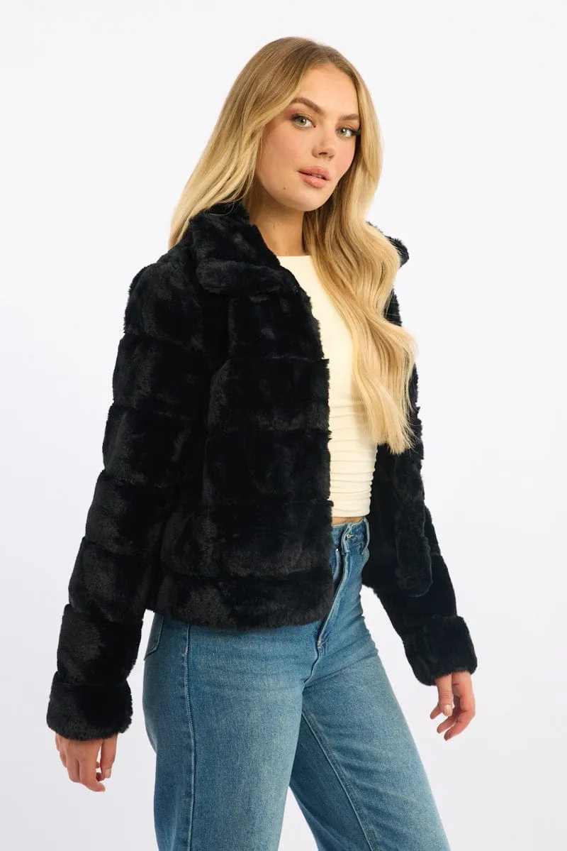 Black Faux Fur Jacket With Lapel Collar sold by Ally Fashion product image thumbnail 3