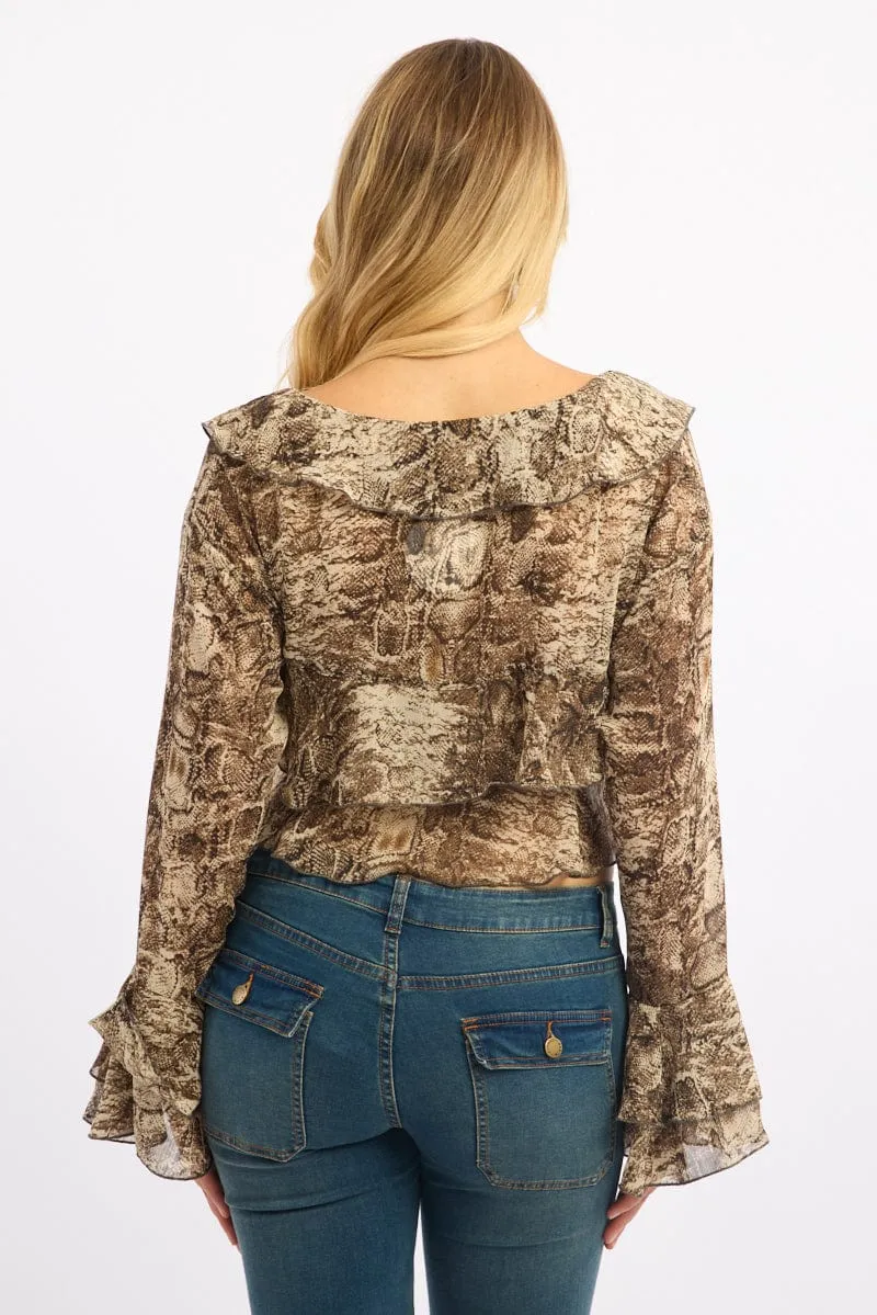 Brown Animal Print Tie Up Blouse Long Sleeve Frill Detail Romantic sold by Ally Fashion product image thumbnail 4