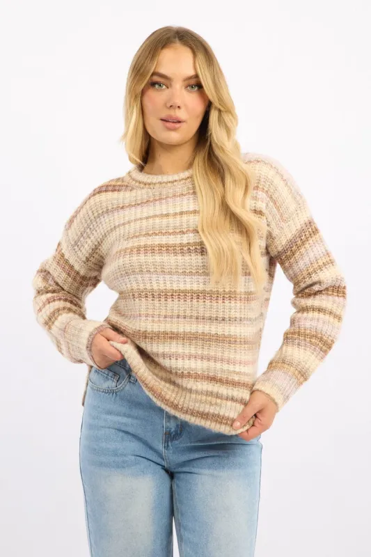 Beige Stripe Knit Jumper Long Sleeve Multi Stripe sold by Ally Fashion