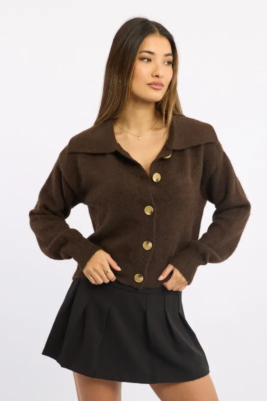 Brown Collar Knit Cardigan sold by Ally Fashion