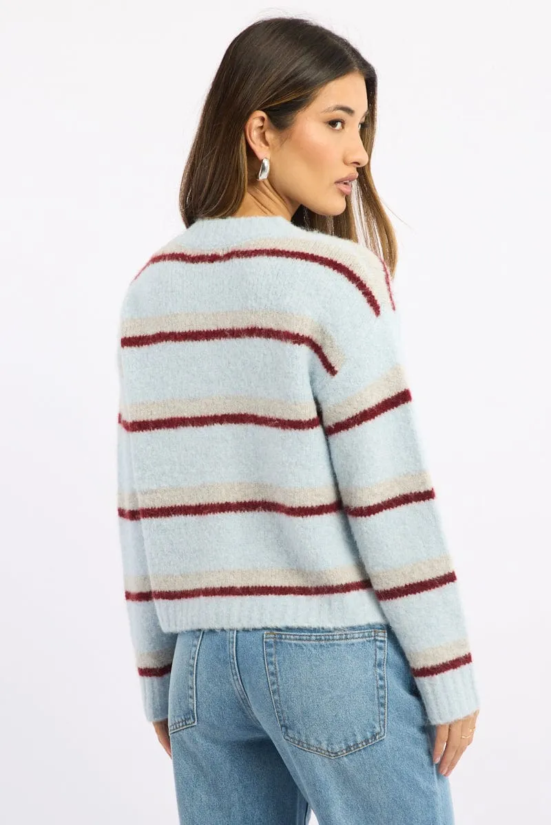 Blue Stripe Knit Cardigan Long Sleeve Crew Neck sold by Ally Fashion product image thumbnail 5