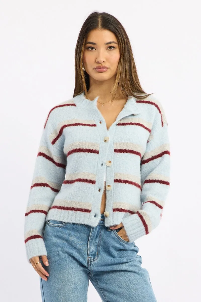Blue Stripe Knit Cardigan Long Sleeve Crew Neck sold by Ally Fashion product image thumbnail 2