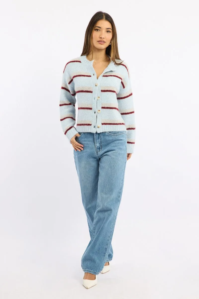 Blue Stripe Knit Cardigan Long Sleeve Crew Neck sold by Ally Fashion product image thumbnail 3
