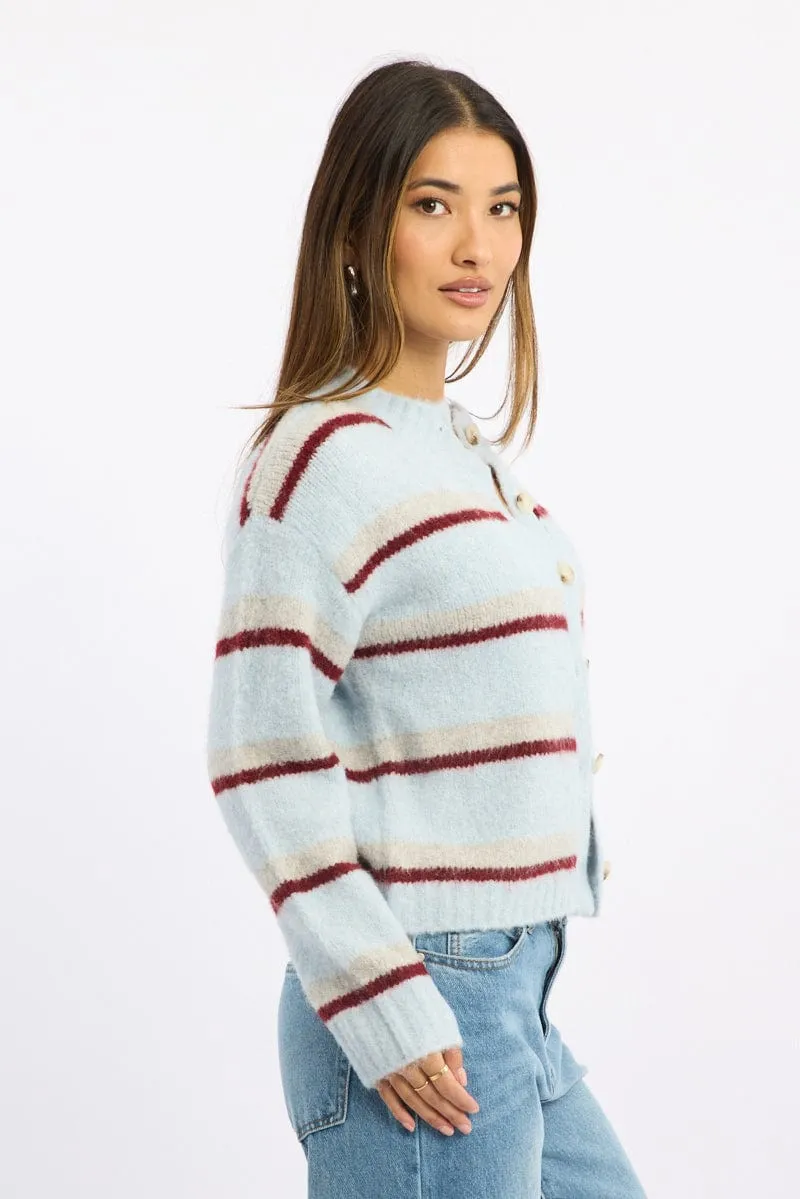 Blue Stripe Knit Cardigan Long Sleeve Crew Neck sold by Ally Fashion product image thumbnail 4