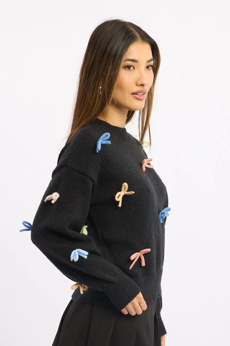 Black Knit Top Long Sleeve Bow Trim sold by Ally Fashion product image thumbnail 3